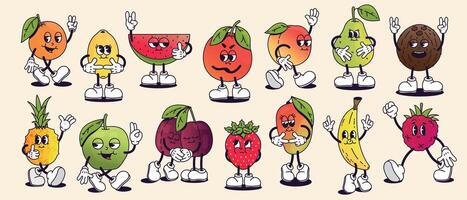 Retro cartoon fruits. Cartoon cute apple, orange and grapefruit faces, groovy comic characters different poses, fruits with happy smiley emotion. Vector isolated set