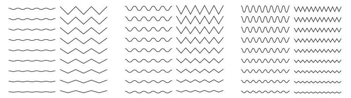 línea ola y zigzag. curvo y Derecho formas de onda para audio igualdad, ondulante en forma de onda elementos y zigzag distorsión líneas. vector aislado conjunto