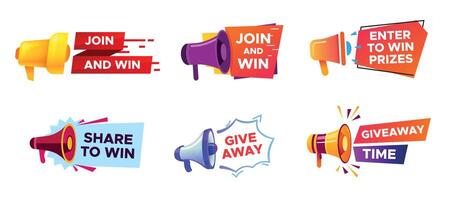 Giveaway banner with megaphone. Winning prize in contest, loudspeaker announcing competition, random winner vector