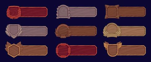 Wooden game interface banner. Vintage high-quality labels and star badges with empty titles for rpg web design, fantasy rating bars. Vector set