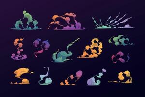 Cartoon colorful smoke effect. Comic game asset of magic fire burst and poison blast explosion, colorful fire motion sprite set. Vector isolated set