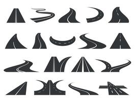 curvilíneo la carretera elementos. perspectiva autopista bobinados, devanado la carretera y autopista camino calificación con dirección señales. vector aislado conjunto