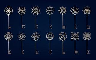 Line key collection. Decorative crossed keys for password, security and privacy, luxury vintage style. Vector isolated collection