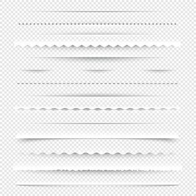 Horizontal dividers. Diagonal borders with holes and gaps for layout design, white stitch line elements. Vector isolated set