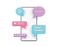 3d realistic phone with popping messages and comments in speech bubbles. Smartphone text dialog, notification and online chat vector concept