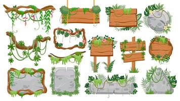 Jungle wooden and stone signs. Tropical game ui elements, signboards, panels, frames, borders and buttons with lianas and leaves vector set