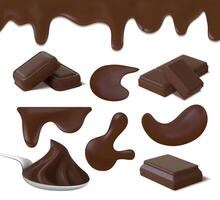 Realistic chocolate cream puddles, cocoa butter and bar pieces. Dark chocolate swirl on spoon, liquid icing border and melt drop vector set