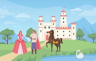 Fairytale landscape with castle. Prince and princess standing on meadow with horse. Medieval magical kingdom vector