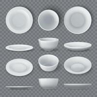 cena platos maquetas realista blanco cerámico platos y vacío cuenco arriba, ángulo y lado puntos de vista. porcelana redondo vajilla plato 3d vector conjunto