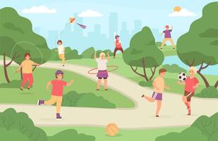 Kids sport outdoor. Children play in park playground. Girl with kite, boy playing football and baseball. Flat summer activity vector concept