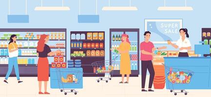 People in supermarket choosing food and putting in trolleys. Man and woman buying products in grocery store vector