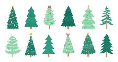 Navidad arboles alegre Navidad decorado árbol con velas, dulce, juguetes, estrella y oropel. nuevo año tradicional invierno fiesta pino vector conjunto