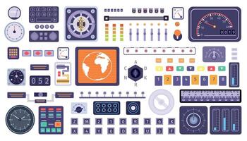 Control panel elements, spaceship switches, buttons, dials and screens. Flat retro spacecraft dashboard console monitor and knob vector set