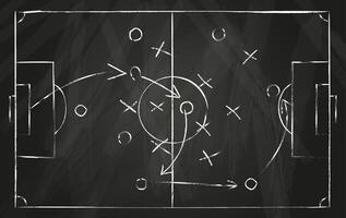 Football tactic scheme. Soccer game strategy with arrows on black chalk board. Coach attack plan for play on field top view vector concept