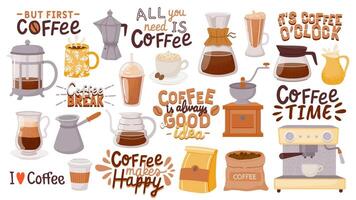 Coffee quotes and cups. Morning breakfast hot drink design for cafe posters. But first coffee. Cappuccino, espresso and latte cup vector set