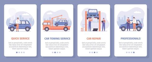 auto reparar servicio. coche remolque y mecánico mantenimiento centrar aterrizaje paginas pantalla póster para automóvil mecánico móvil aplicación vector conjunto