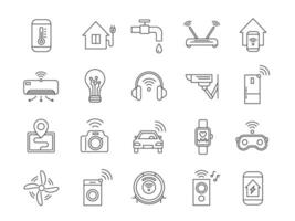 Iot line icons. Internet of things wireless technology, house appliances, car, gadgets and devices. Smart home automation systems vector set