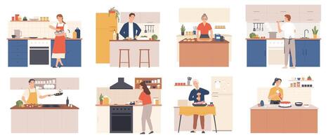 People cooking at home. Men and women preparing food in kitchen interior. Characters bake, fry and boil meal. Cartoon culinary vector set