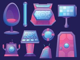 Cartoon spaceship control panels, chair, door and porthole. Futuristic furniture. Cosmic ship digital cockpit. Game space station vector set
