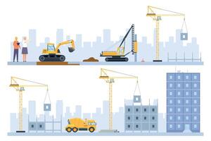 Flat houses construction process stages with building machinery. Engineers, excavator and crane build. Real estate industry vector concept
