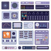 Space control dashboard panel, sensors data and displays. Spaceship cockpit buttons, handles, dials and knobs. Spacecraft console vector set