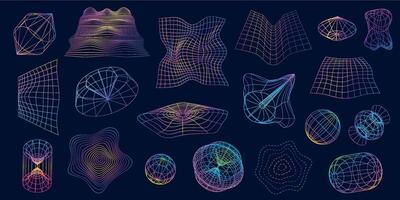 Retrofuturistic wireframe shapes, 3d sphere and distorted perspective grids. Line mesh geometric objects. Cyber futuristic shape vector set