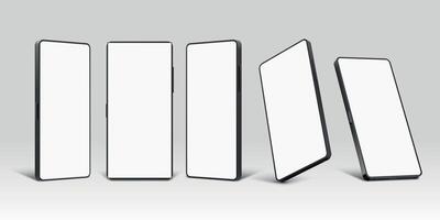 teléfono inteligente maquetas realista 3d móvil teléfono dispositivo modelo con blanco pantalla. Teléfono móvil en frente, perspectiva y anglos ver vector conjunto
