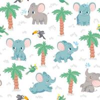 Baby elephants seamless pattern. Cartoon elephants in jungle with palm and parrots. Nursery fabric print with tropical animal vector texture