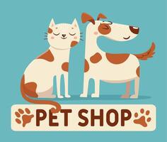 gato y perro. dibujos animados mascota tienda o veterinario Tienda logo firmar con contento animales amigos gatito y perrito juntos. veterinario etiqueta vector diseño