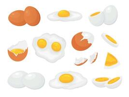 Cartoon raw, broken boiled and fried chicken eggs with yolk. Fresh farm sliced egg, cracked eggshell. Cooked eggs for breakfast vector set