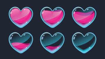 Heart animation UI. Empty to full 2D game life sprite asset for health indication GUI, web app and mobile game interface symbol graphic design. Vector set