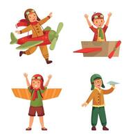 Kids in pilot costumes from carton box vector