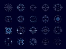 Futuristic aim pointer. Circle HUD user interface element, weapon collimator round aim, digital focus UI game asset. Vector accuracy symbols isolated set