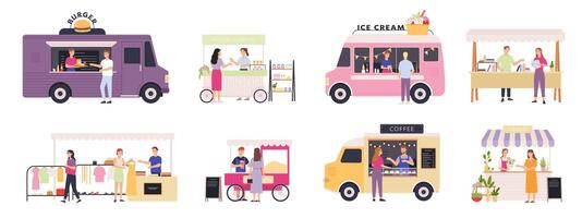 Kiosk vendor. Street tent, cart and truck sell fast food, books, clothes and flowers. Outdoor market with merchants and customers vector set