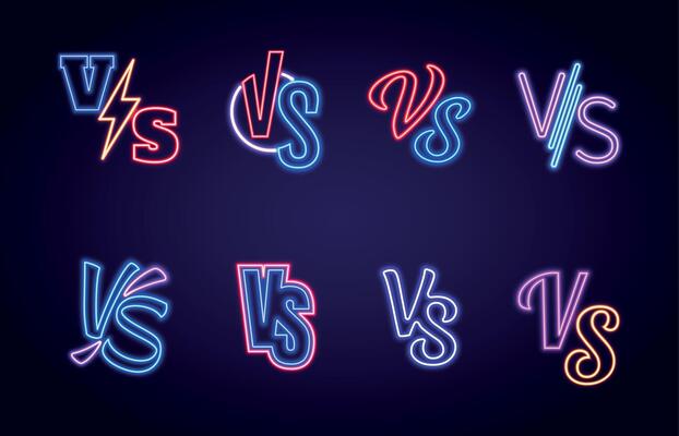 Versus logo glowing neon signs, vs game battle contest. Competition advertising symbol. Blue and red team fight or sport match vector set