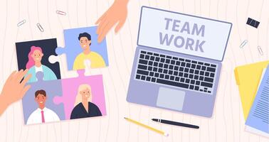 Team work management. Leader connect employees for effective teamwork. Office desk top view, hands and puzzle with workers, vector concept