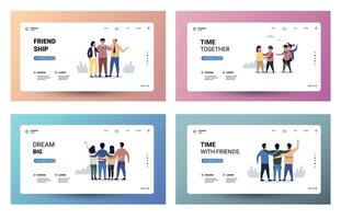 Friends hug landing. Home page for business with cartoon characters hugging, website template with empathy, communication, and support illustration. Vector set