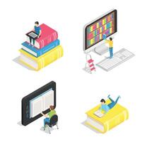 Isometric book set. People reading textbooks, gadgets on stack of objects. Students have online education vector