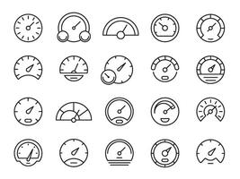 Speedometer line icons. Loading and downloading speed indicator, minimalistic outline tachometer gauge. Vector set