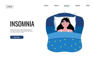 Insomnia landing. Web page template with awake girl character, sleepless night concept and sleep disorder website. Vector layout with tired person