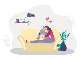 Depressed girl sitting on sofa, fall in love vector