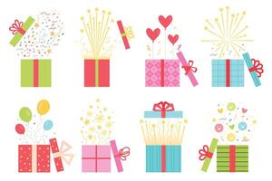 Flat open prize concept, gift box with confetti. Surprise present boxes with balloon, firework and heart. Game win or reward icon vector set