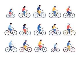 People on bicycle. Cartoon persons ride on bike, different sportsmen cycling together, man and woman with active lifestyle. Vector men and women bicyclers set