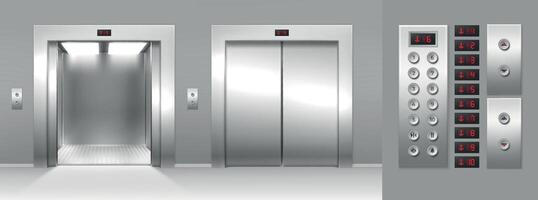 Realistic open and close elevator, buttons and floor number display. 3d lift metal gates and inside panel. Cargo elevators cabin vector set