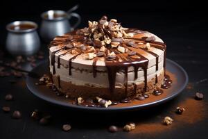 AI generated Mocha madness torte on a dark concrete background layered delight Delicious fresh baked healthy vegan tasty homemade dessert photo