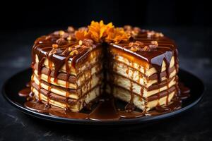 ai generado chocolate en capas tarta en un oscuro hormigón antecedentes delicioso Fresco horneado sano vegano gastrónomo sabroso hecho en casa postre foto