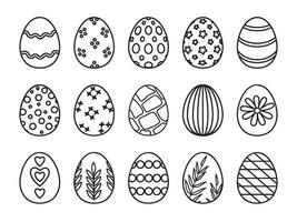 Happy easter day decorated eggs with pattern line icons. Outline egg with flower, hearts and dots. Spring holiday decorative eggs vector set