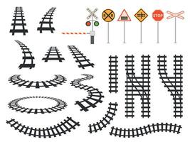 tren ferrocarril pistas curvo silueta, barrera y la carretera señales. ferrocarril perspectiva y parte superior mapa vista. tranvía devanado carreteras elemento vector conjunto