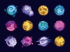 Game planet asset. Cartoon colorful collection of various cute alien planets, funny fantasy rock desert water and acid worlds. Vector 2D game sprite collection