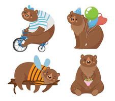 Cartoon bears, circus animal ride bicycle with air balloon vector